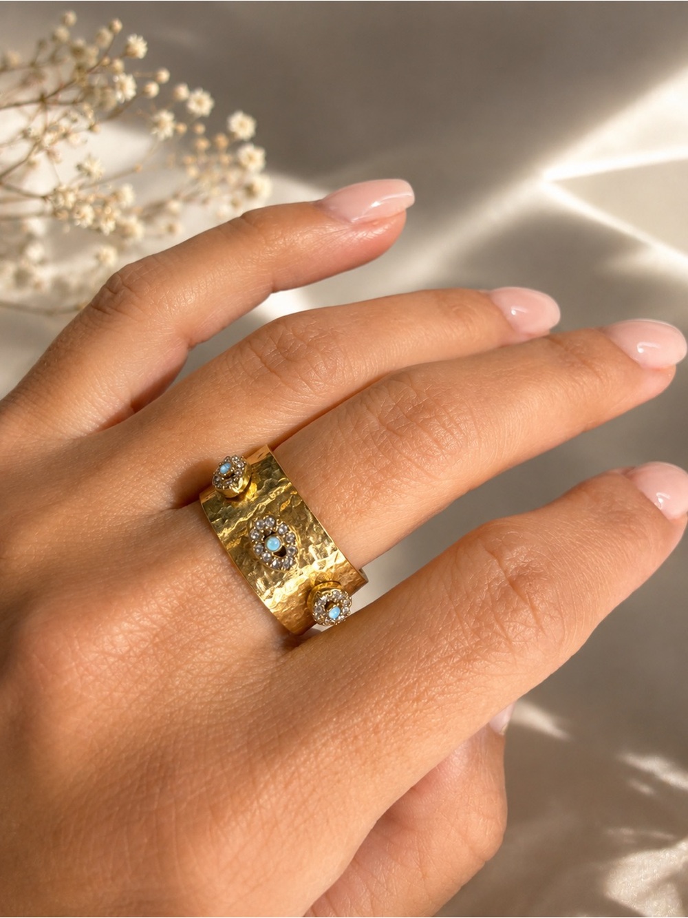 Vintage Hammered Gold Tone Turquoise Crystal Statement Ring Adjustable